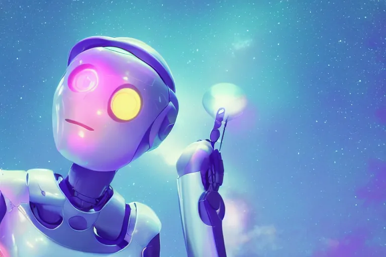 Image similar to a beautiful calm robot girl looking up to the stars, photograph, colorful background, render, 3 d, render, glows, neon, 8 k, 4 d,