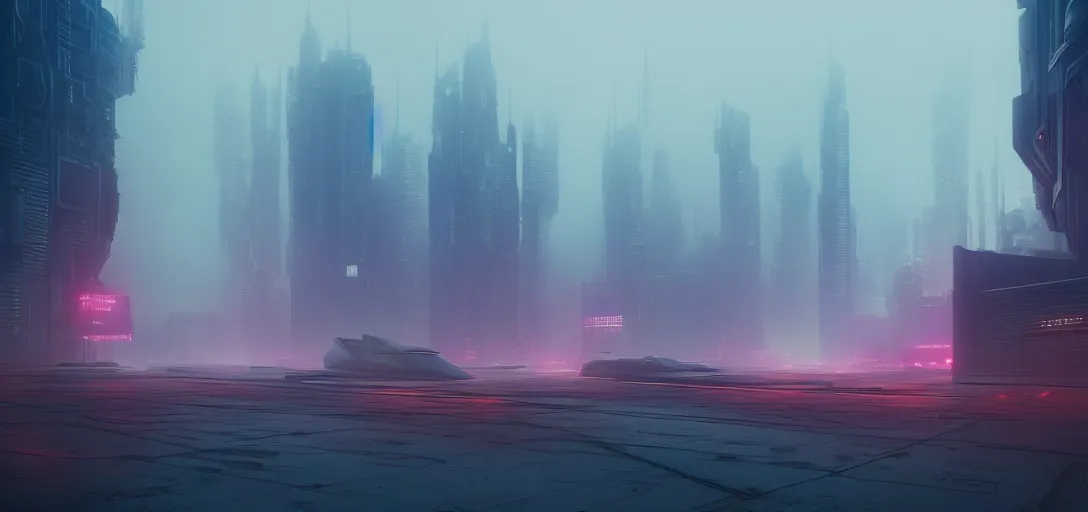 Image similar to view of an abandoned futuristic cyberpunk city at day, fog, blade runner 2 0 4 9, highway, empty, symmetry, cinematic lighting, ultra detailed, sharp, ambient occlusion, raytracing, by greg rutowski, paul chadeisson and jessica rossier