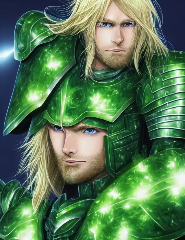 Image similar to a detailed manga portrait of a long haired blonde man with blue eyes in green armour glowing with green energy, trending on artstation, digital art, 4 k resolution, detailed, high quality, sharp focus, hq artwork, coherent, insane detail, character portrait