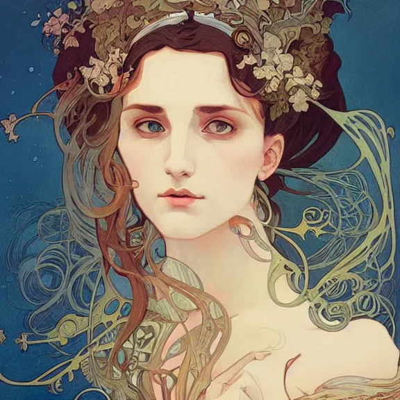 Prompt: a highly detailed beautiful portrait in the style of alphonse mucha and in the style of peter mohrbacher.