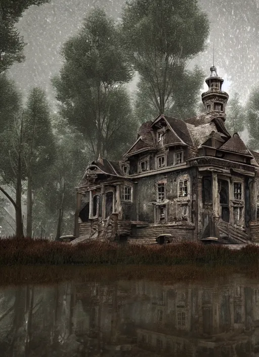 Prompt: an abandoned hell mansion on a ominous forest biome by pixar, smooth, cinematic, wet reflections, ray tracing x, rtx, smooth