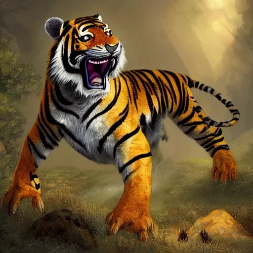Prompt: !dream a humanoid tiger like creature with grey fur in full body armor, force fields on the armor, yellow eyes, and grey fur with teeth that protrude past their lower jaw holding rifles