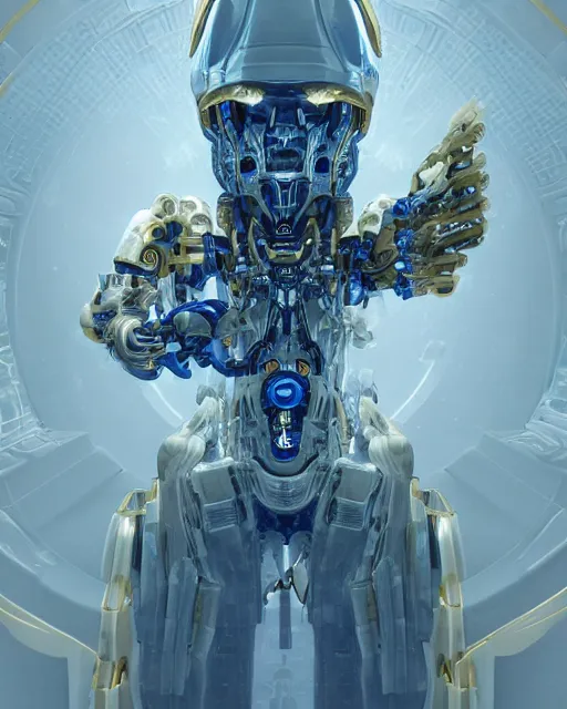 Image similar to benevolent cyborg necromancer, scifi, futuristic, helpful, kind, intelligent, alien room background, white, blue, gold, highly detailed, trending on artstation, soft light, holy machine, advanced technology, art by vitaly bulgarov and nivanh chanthara