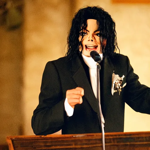 Prompt: cinematic still of Michael Jackson preaching at a Baptist Church in Rural Tennessee, close up, shallow depth of field, cinematic