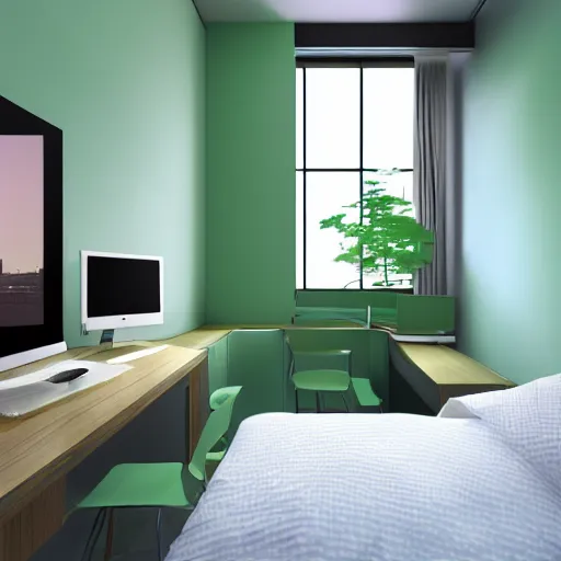 Prompt: small room in tokyo, window open, dawn, computer, green glow on monitor's face, walls anime posters, lots of appliances, small bed not made, hyper realism, photo realism, hyper details, soft light, soft shadows, oil painted, blurred photo