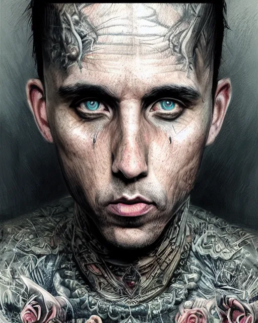 Image similar to travis barker, hyper realistic face, beautiful eyes, fantasy art, in the style of greg rutkowski, intricate, hyper detailed, smooth