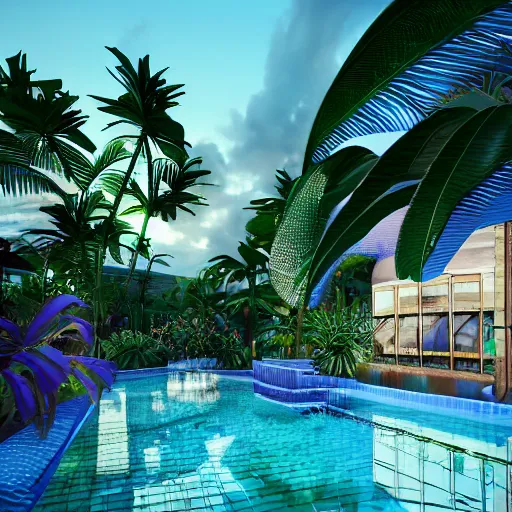 Image similar to a bar made with translucid fabric, swimming pool in front, parametric, blue hour, hyperrealistic, elevation, vray, unreal engine, lush tropical plants