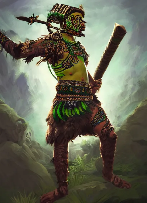 Image similar to a highly detailed illustration of fierce young aztec warrior boy wearing green jaguar mane, heroic roaring wielding aztec macuahuitl pose, muscular, intricate, elegant, highly detailed, centered, digital painting, artstation, concept art, smooth, sharp focus, league of legends concept art, wlop