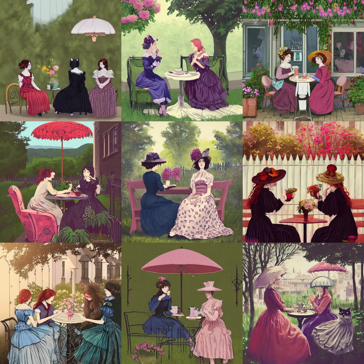 Prompt: women wearing victorian dresses sitting outside a cafe drinking tea, plants, flowers, parasol, fancy dress, afternoon, dramatic lighting, illustration, small town, cottagecore, cats, fence, large windows, terrace, trending on Artstation, art by James Jean, Ilya Kuvshinov, Loish Van Baarle, dramatic lighting, sharp, fine detail, illustration