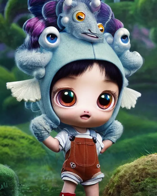 Prompt: very beautiful portrait of an extremely cute and adorable little kirin wearing overalls, smooth, perfect face, fantasy, character design by mark ryden and pixar and hayao miyazaki, sharp focus, concept art, intricate detail, cinematic lighting, hyperrealistic, 5 0 mm, diorama macro photography, 8 k, nature