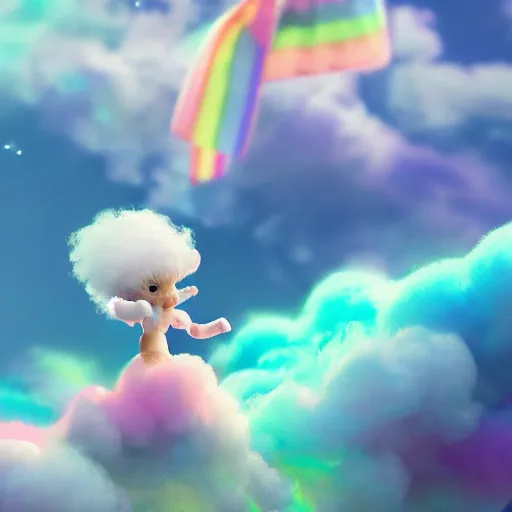 Image similar to cutest tiny fantasy cloud animal, with sprouting rainbow hair, hd, japanese anime artist drawn, dlsr, dream animal cute eyes, trending on artstation, cotton candy, octane render, cinematic