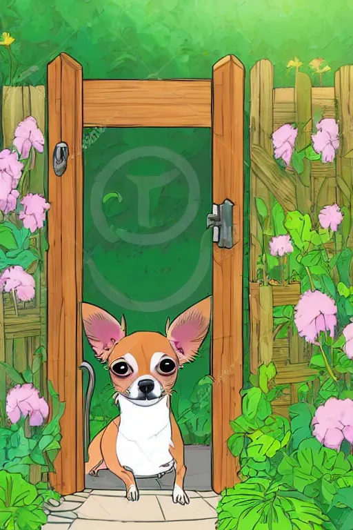 Prompt: A chihuahua looks through her garden gate, cel shaded cartoon in the style of studio Ghibli, sunny morning, cinematic lighting, summer