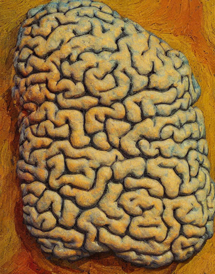 Prompt: texture of 3d high relief brain painted in the style of the old masters, painterly, thick heavy impasto, expressive impressionist style, painted with a palette knife