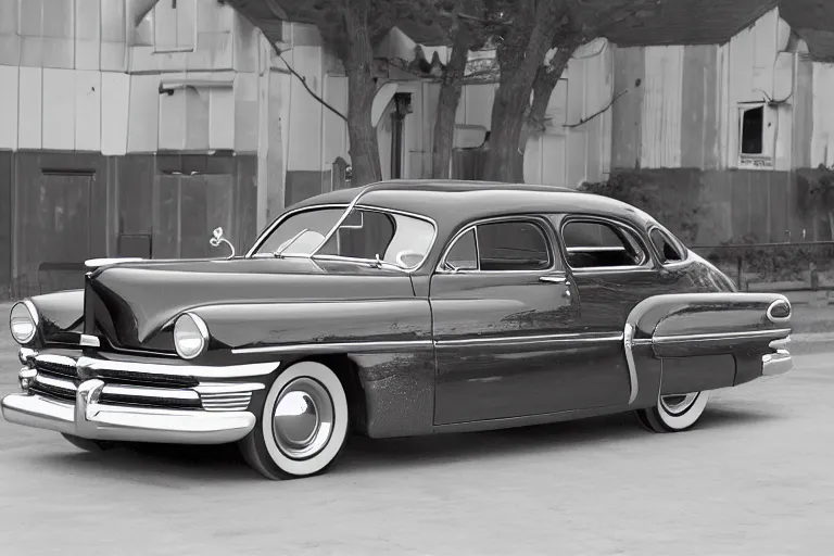 Prompt: A Fastback 1949 Lincoln Town Sedan, shot on canon camera, shot on 16mm film, hyper-realistic, photo, uncropped, high quality, raytracing reflections