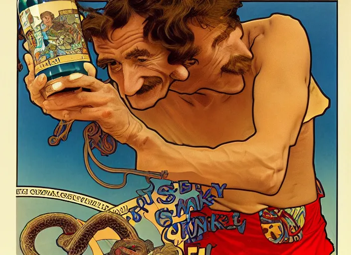 Image similar to barry chuckle drinking a bottle of snake oil, snake oil advertisement from 1 9 8 8, artwork by alphonse mucha and richard corben, 3 d, high resolution 8 k