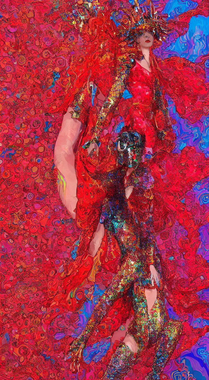 Image similar to a female character design wearing psychedelic high fashion, a red sequined bodysuit, an alexander mcqueen headdress, costume by eiko ishioka, haute couture, dior, and a red cape by moebius, steven outram, colorful and psychedelic, hd, 8 k, artstation