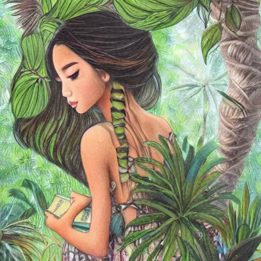 Image similar to a girl in a jungle with book, her hair flowing down, subtle, intricate details, real masterpiece, oil on canvas, by somsak anong