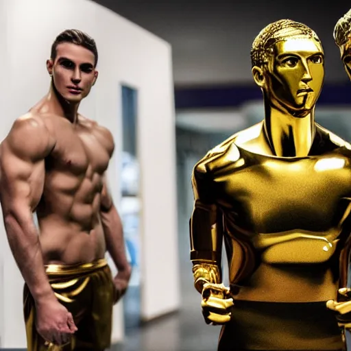 Image similar to a realistic detailed photo of a guy who is an attractive humanoid who is half robot and half humanoid, who is a male android, attractive and handsome soccer players, shiny skin, posing like a statue, blank stare, in a factory, on display, showing off his muscles, gold soccer shorts, side view, looking at each other mindlessly