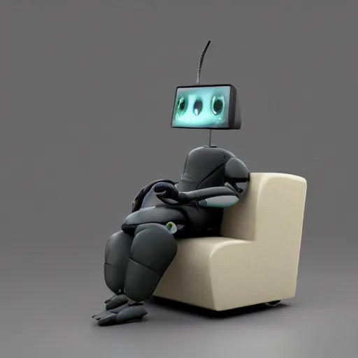 Image similar to futuristic lonely matte dark gray and glossy translucent green full-body humanoid robot with huge expressive comically sad LED eyes and open rectangular mouth sitting on a large comfortable cushioned vintage recliner reading a hardbound leather book. Cinematic Lighting, Cinematic Movie Photograph, Arri Alexa, Extremely Detailed, smooth, very very clean, simple, 8K, octane render, maya render, unreal engine, trending on artstation, DSLR, excellent composition, moody