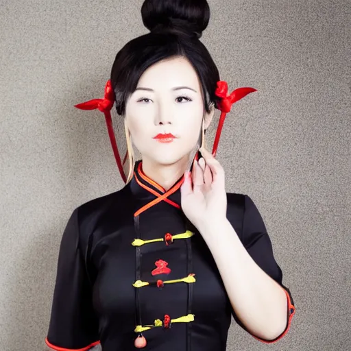 Prompt: chinese woman with eyepatch, odango, twin ponytails, black cheongsam