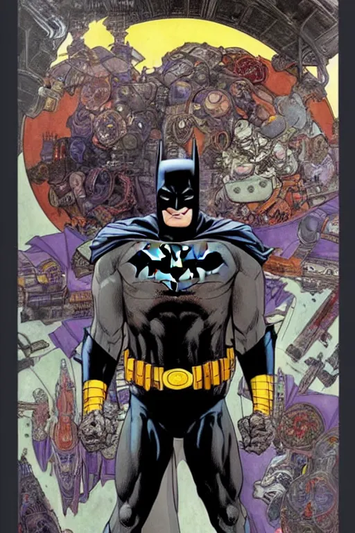Image similar to a stunning and hypnotic full-color ancient art nouveau styled action shot of batman as a violent cyborg king with stony and condemning eyes, extremely detailed and brusque swarthy facial structure, dieselpunk armor, perfectly symmetrical facial structure and linework, proud and honorable facial characteristics, by bill sienkiewicz, travis charest and michael golden, dark sci-fi, deep complexity, precisely accurate male muscle anatomy, muscular male hero, superhero character concept art, photorealism, stunning framing, dim volumetric lighting, hyperrealism, 8k