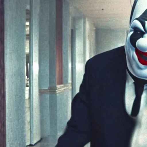 Image similar to blurry film still of a man wearing a suit and a latex mask of a clown from the dark knight's bank robbery scene