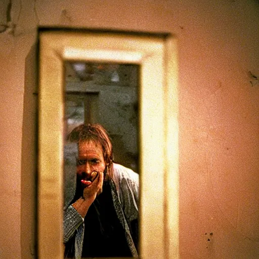 Prompt: Man sticking his hand through mirror that’s a portal to another world, award winning movie still, 35 mm, cinematic