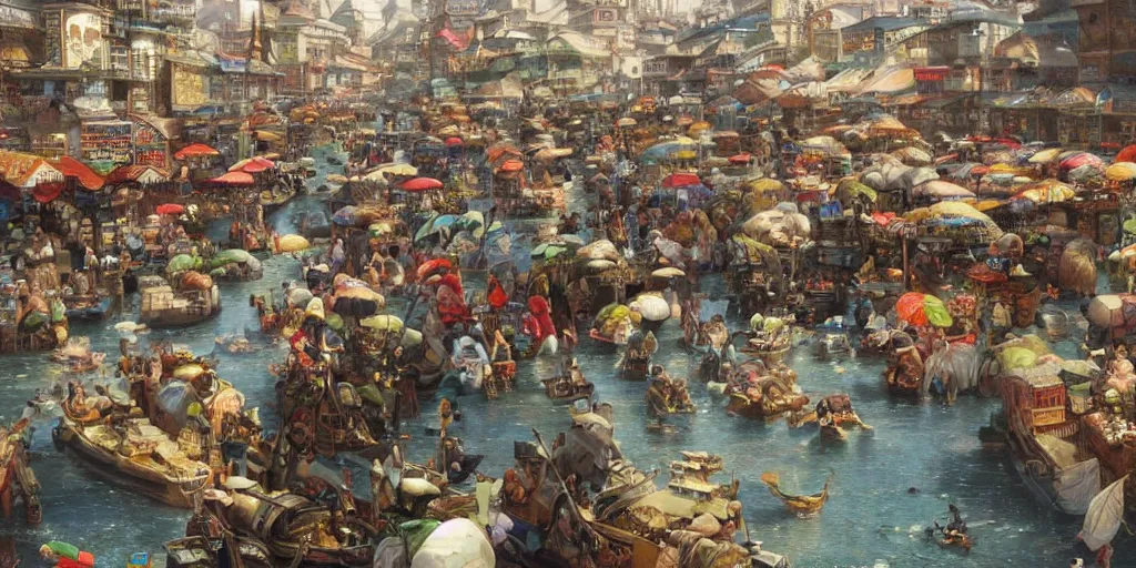 Prompt: A close up view of a busy market in a fantasy asian town on a river, by John Howe and Dean Cornwell, cinematic, very detailed, Trending on artstation.