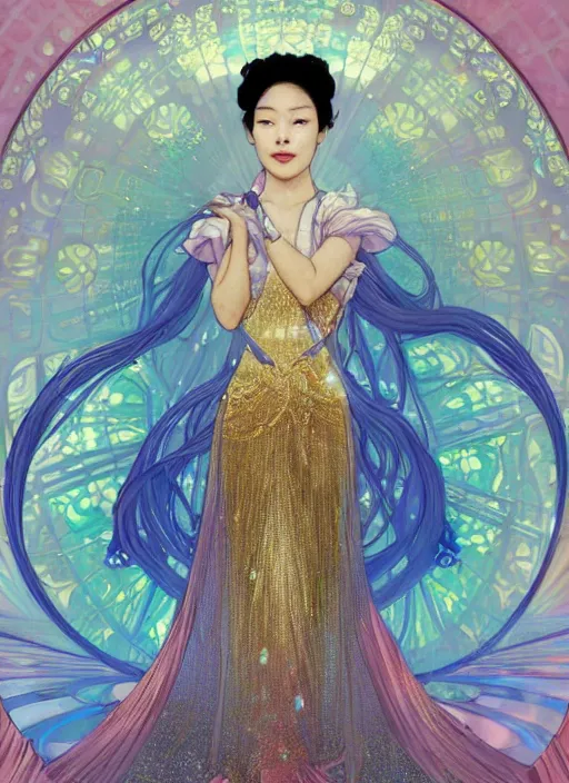 Image similar to Kim Ji-soo from Blackpink as magical celestial princess wearing luxurious futuristic chic slim pearlescent dress, bright gold eyes, peaceful expression, fantasy, intricate pink and royal blue dress, modeling for Dulce and Gabanna, accurately portrayed, portrait art by James Jean and Alphonse mucha, highly detailed, digital painting, concept art, illustration, multiversal paradise shining rgb luxurious lights, trending on artstation, very detailed, smooth, sharp focus, octane render, close up