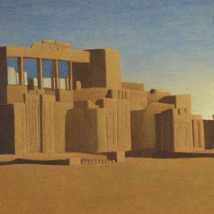 Image similar to a building in a serene landscape, ancient sumer painting