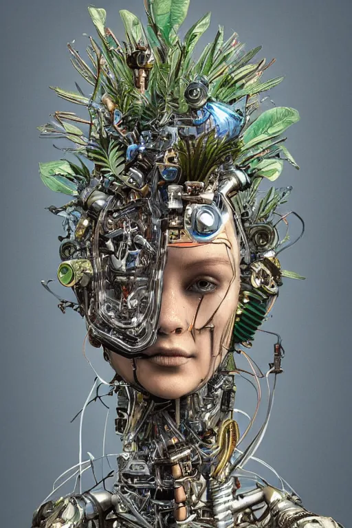 Prompt: a hyper - detailed fine painting of a synthetic humanoid cyborg hybrid half cybernetic and half made of plants and wood, concept art magical highlight, full color tribal and technologic art. artwork by subjekt zero. polished render by machine. delusions with discodiffusion.