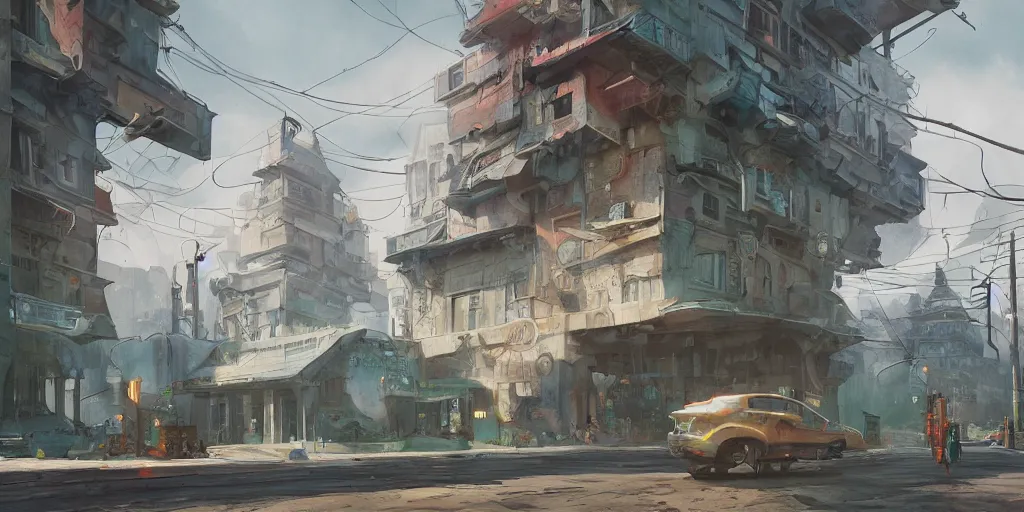 Prompt: stormy, stylized, exterior, architecture, in watercolor gouache detailed paintings, raytracing, arcane, insanely detail, artstation, 8 k, futuristic, big medium small, simon stalenhag, props, furniture and decor, octane render, cinematic, screenshot, james gurney, ruan jia, comic style