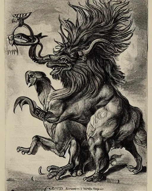 Image similar to a creature with the body and eyes of a man, with the beak of an eagle, the mane of a lion, and the horns of an ox. drawn by francis bacon