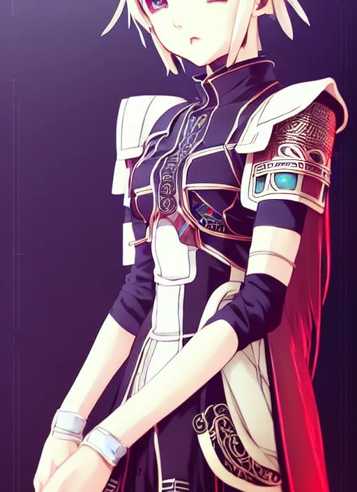 Image similar to guweiz, ilya kuvshinov anime reol in ornate armor, last exile, murata range, fine detail, perfect anime face, dramatic lighting, dynamic composition, art deco, cel shading, vivid, rich texture, alphonse mucha, ( ( ( colorful ) ) ), ( ( ( yoshinari yoh ) ) )