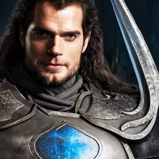 Image similar to Henry Cavill as Arthas Menethil in World of Warcraft, promo shoot, studio lighting