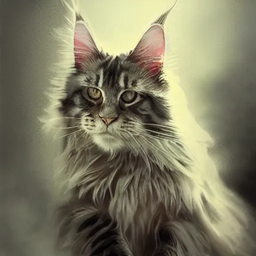 Prompt: maine coon kitty by Ruan Jia, fantasy, hazy, atmospheric, inspiring