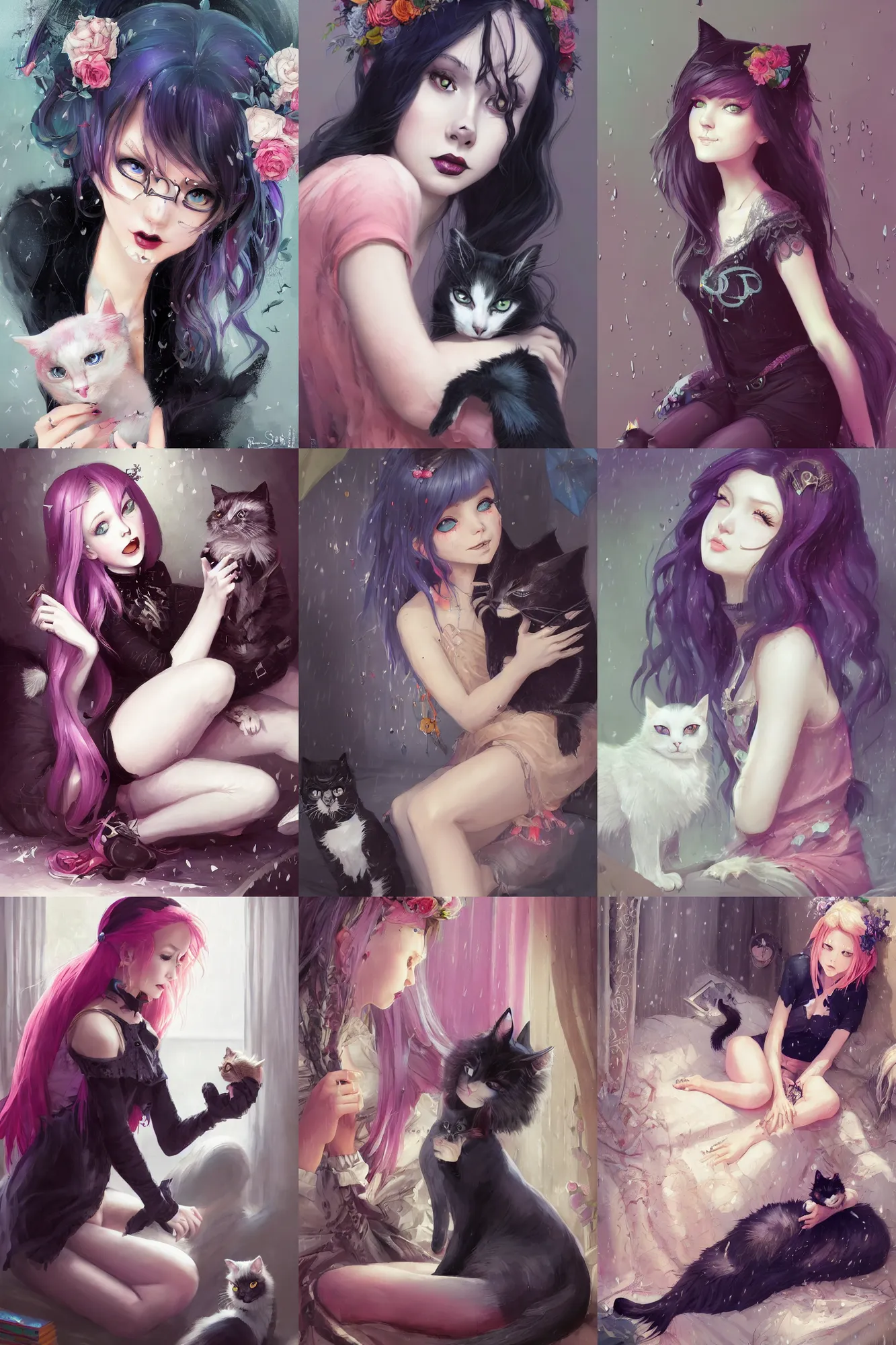 Prompt: a beautiful goth girl sitting in her bedroom petting a cat | | cute - fine - subtle smile, colorful hair, face, pretty face, raining outside, fine details by stanley artgerm lau, wlop, rossdraws, james jean, andrei riabovitchev, marc simonetti, and sakimichan, trending on artstation
