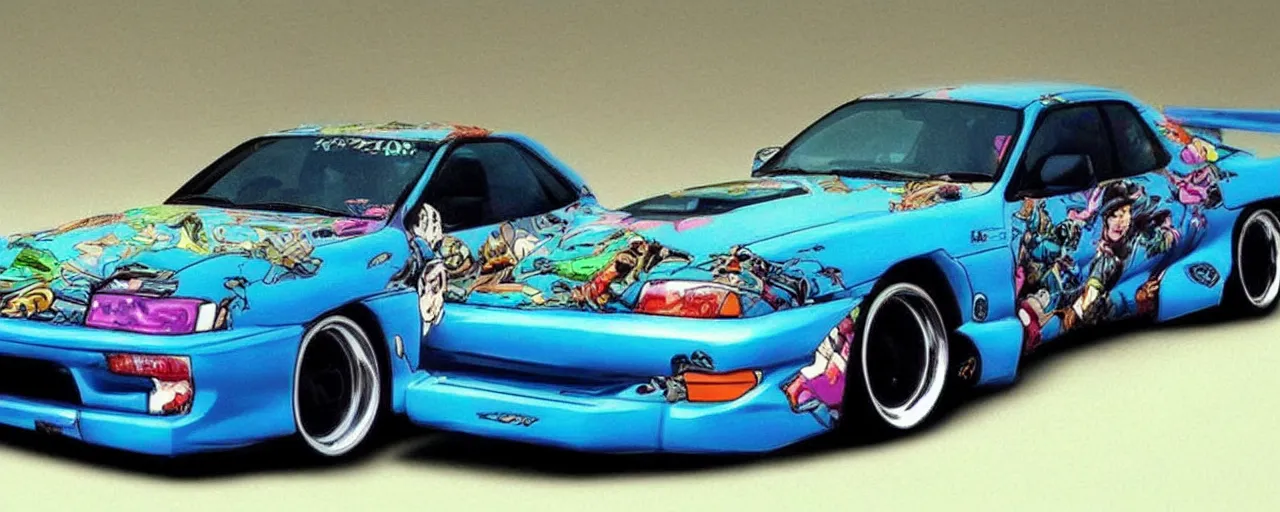 Image similar to jojo's bizarre adventure themed toyota supra, 9 0 s anime style