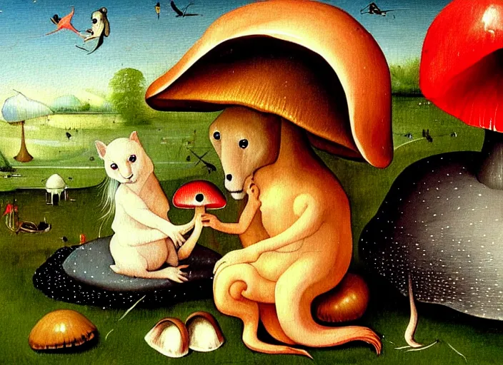 Image similar to a painting of a cute creature sitting next to a mushroom, detailed, realistic, in style of hieronymus bosch