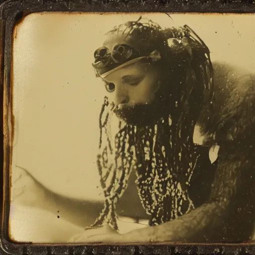 Image similar to tintype photo, swimming deep underwater, squid spider bug