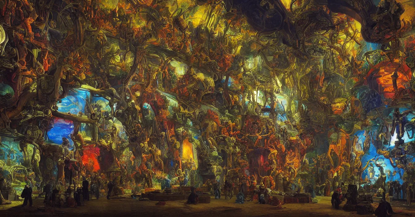 Image similar to Colorful photograph of detail interior of futuristic alien museum, full of thousands of exhibits from different places of our universe, incerdible sharp detail, back light contrast, dramatic atmosphere, bright vivid colours, painted by Asher Brown Durand , Gustave Dore, George Inness,