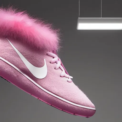 Image similar to nike shoe made of very fluffy pink faux fur placed on reflective surface, professional advertising, overhead lighting, heavy detail, realistic by nate vanhook, mark miner