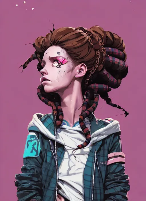 Prompt: highly detailed portrait of a sewer punk lady, blue eyes, tartan hoody, ringlet hair by atey ghailan, by greg rutkowski, by greg tocchini, by james gilleard, by joe fenton, by kaethe butcher, gradient pink, brown, light blue and white color scheme, grunge aesthetic!!! ( ( graffiti tag wall background ) )