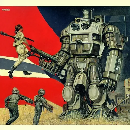 Image similar to Soviet mechs in the style of Norman Rockwell, sci-fi illustrations, highly detailed, award-winning, patriotic, soviet, ussr, dark, gritty, ink