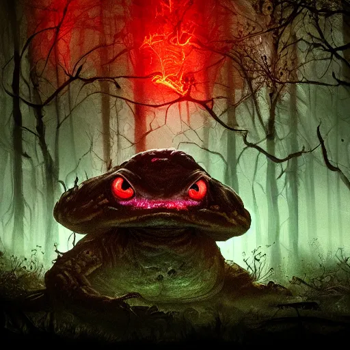 Prompt: giant evil monsterous slimy toad in the dark forest, glowing red eyes, slimy toads, dark night, midnight, foggy, atmospheric, highly detailed, hyperrealistic, gothic horror, trending on artstation, digital art, dark fantasy