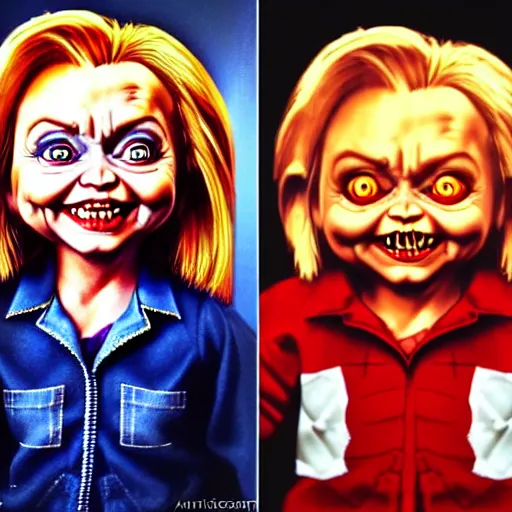 Image similar to a detailed portrait of hillary clinton fused with chucky from childsplay, by artgerm, high details