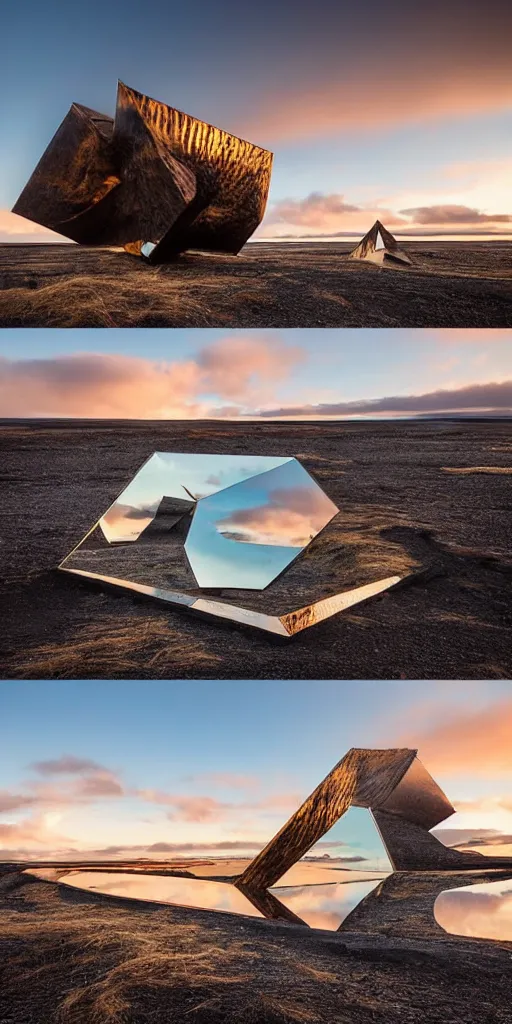 Image similar to futuristic angular architect giant golum monster made from deconstucted charcoal wood and mirrors, refracted, floating, portal, iceland landscape photography sunset, by lurie belegurschi and gunnar freyr