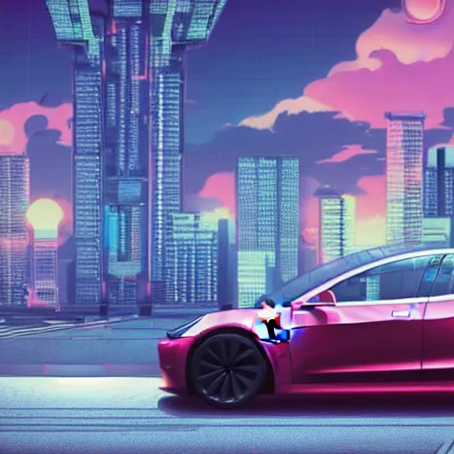 Image similar to tesla model 3 in Japanese city, artstation, synthwave