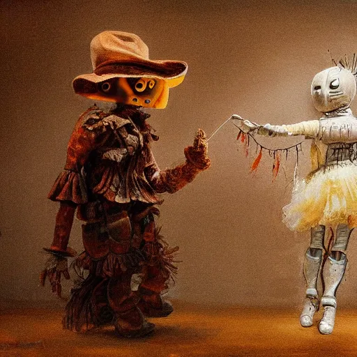 Prompt: detailed soft painting of a robot scarecrow and his wife dancing. rembrandt style elegant highly detailed artstation concept art matte folk horror