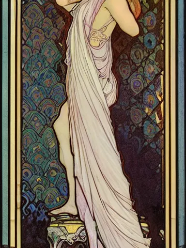 Prompt: a beautiful painting of alicia witt by Alphonse Mucha and by arthur rackham and by james jean and by Mark Brooks and by john william waterhouse, Art Nouveau, Neo-Gothic, gothic, award winning painting, hyperdetailed, detailed